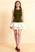 Camille Olive and White Sleeveless Rhinestone Mini Dress with Ruffles