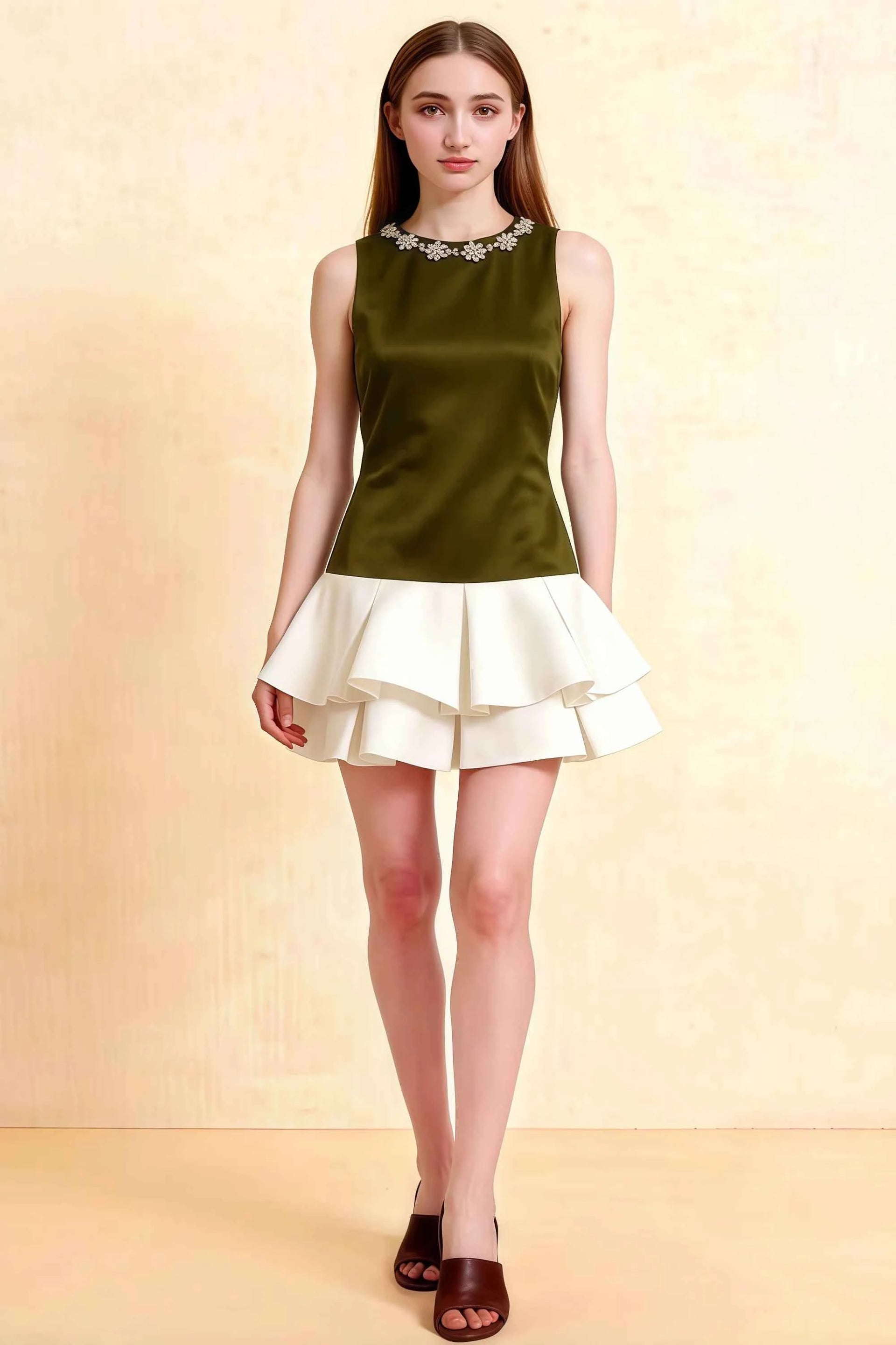 Camille Olive and White Sleeveless Rhinestone Mini Dress with Ruffles