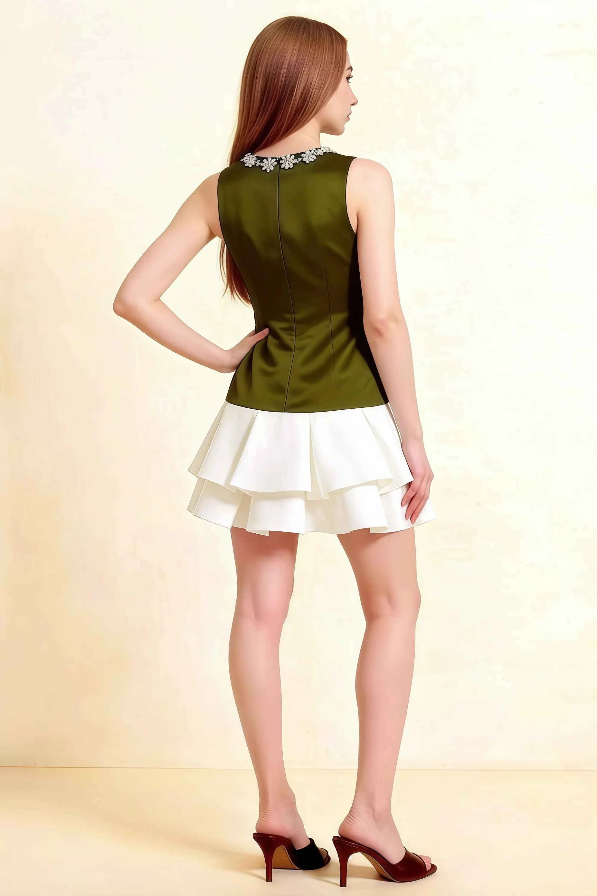 Camille Olive and White Sleeveless Rhinestone Mini Dress with Ruffles Imagen secundaria del producto