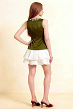 Camille Olive and White Sleeveless Rhinestone Mini Dress with Ruffles