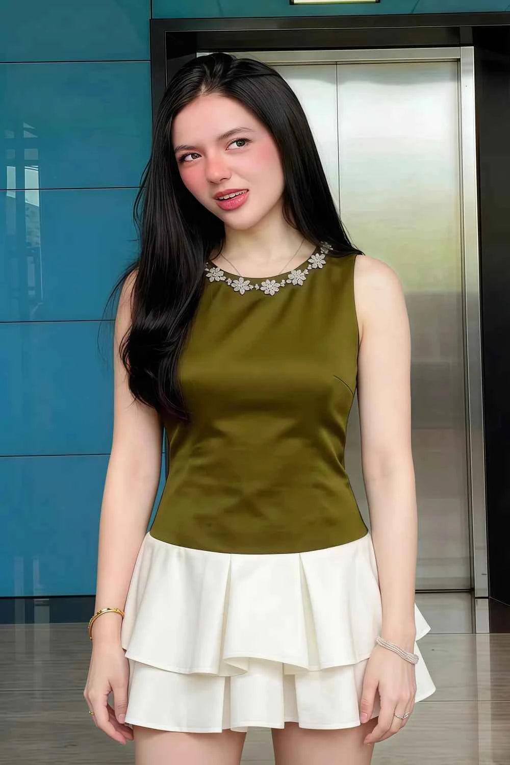 Camille Olive and White Sleeveless Rhinestone Mini Dress with Ruffles