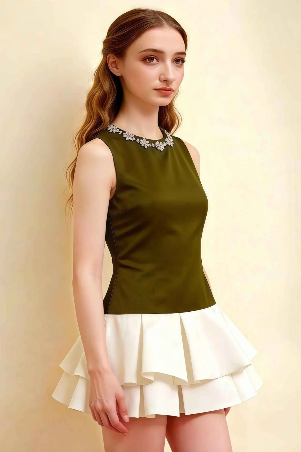 Camille Olive and White Sleeveless Rhinestone Mini Dress with Ruffles