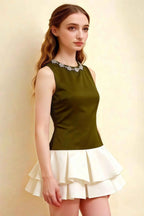 Camille Olive and White Sleeveless Rhinestone Mini Dress with Ruffles