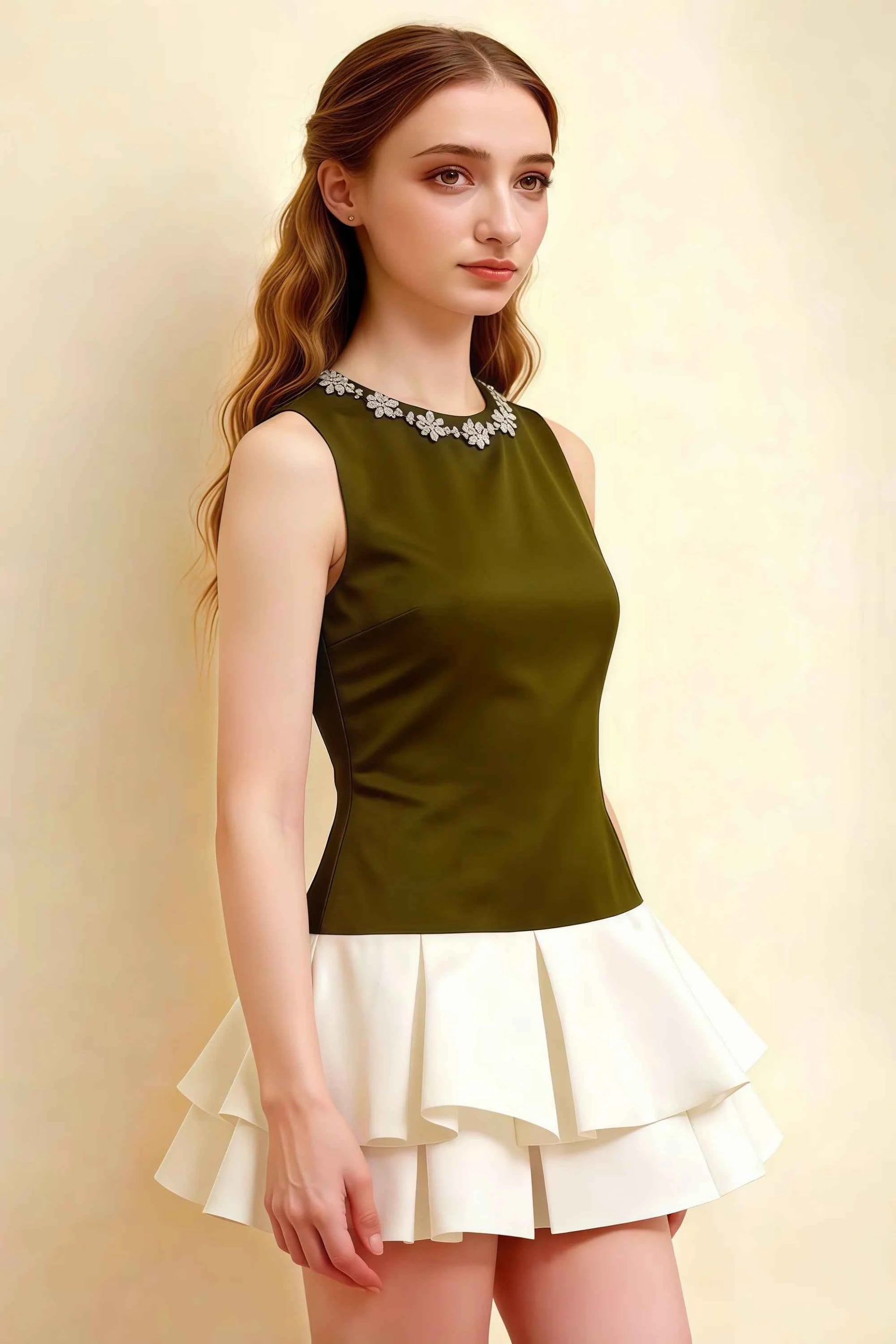 Camille Olive and White Sleeveless Rhinestone Mini Dress with Ruffles