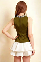 Camille Olive and White Sleeveless Rhinestone Mini Dress with Ruffles