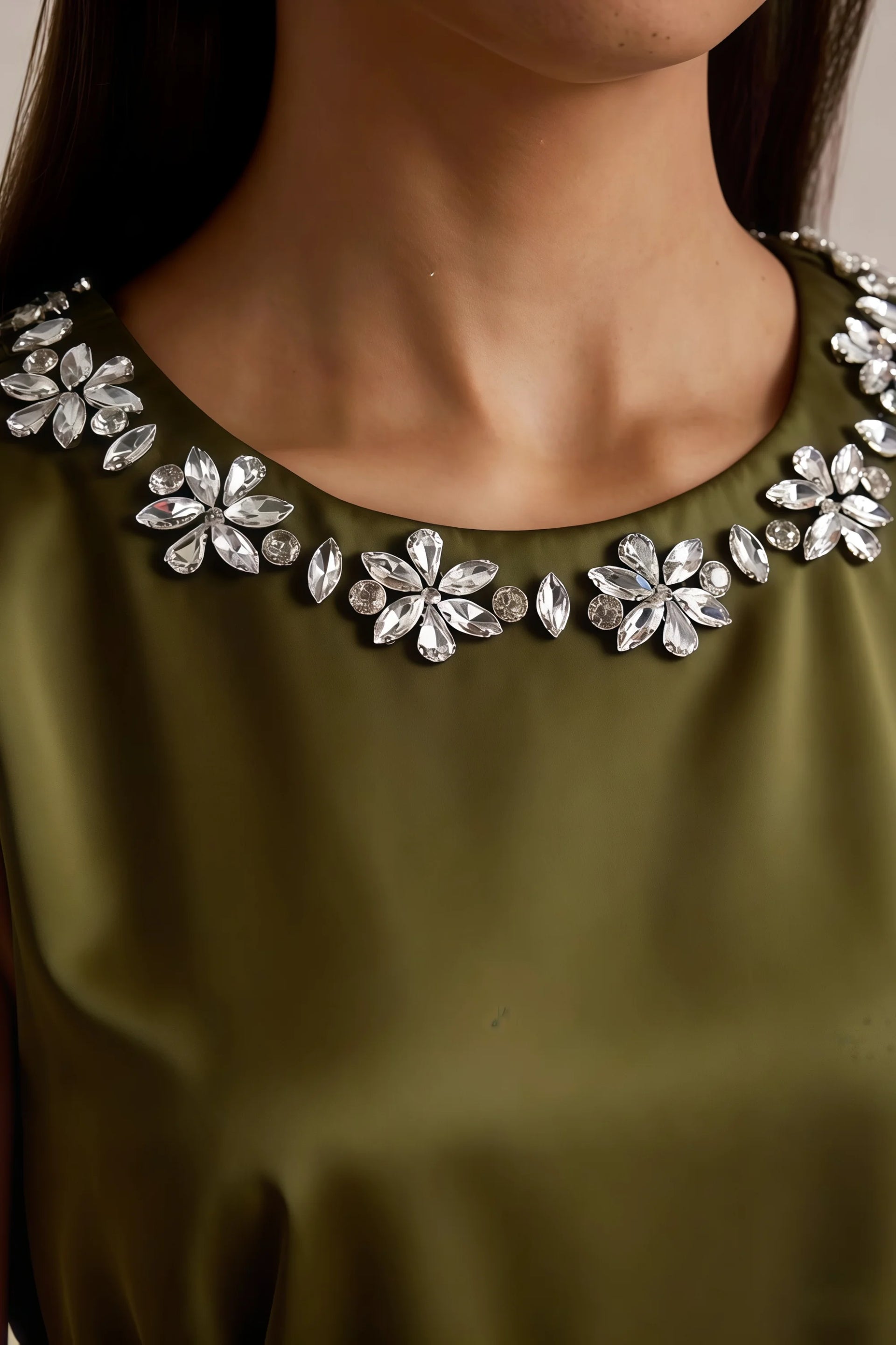 Camille Olive and White Sleeveless Rhinestone Mini Dress with Ruffles