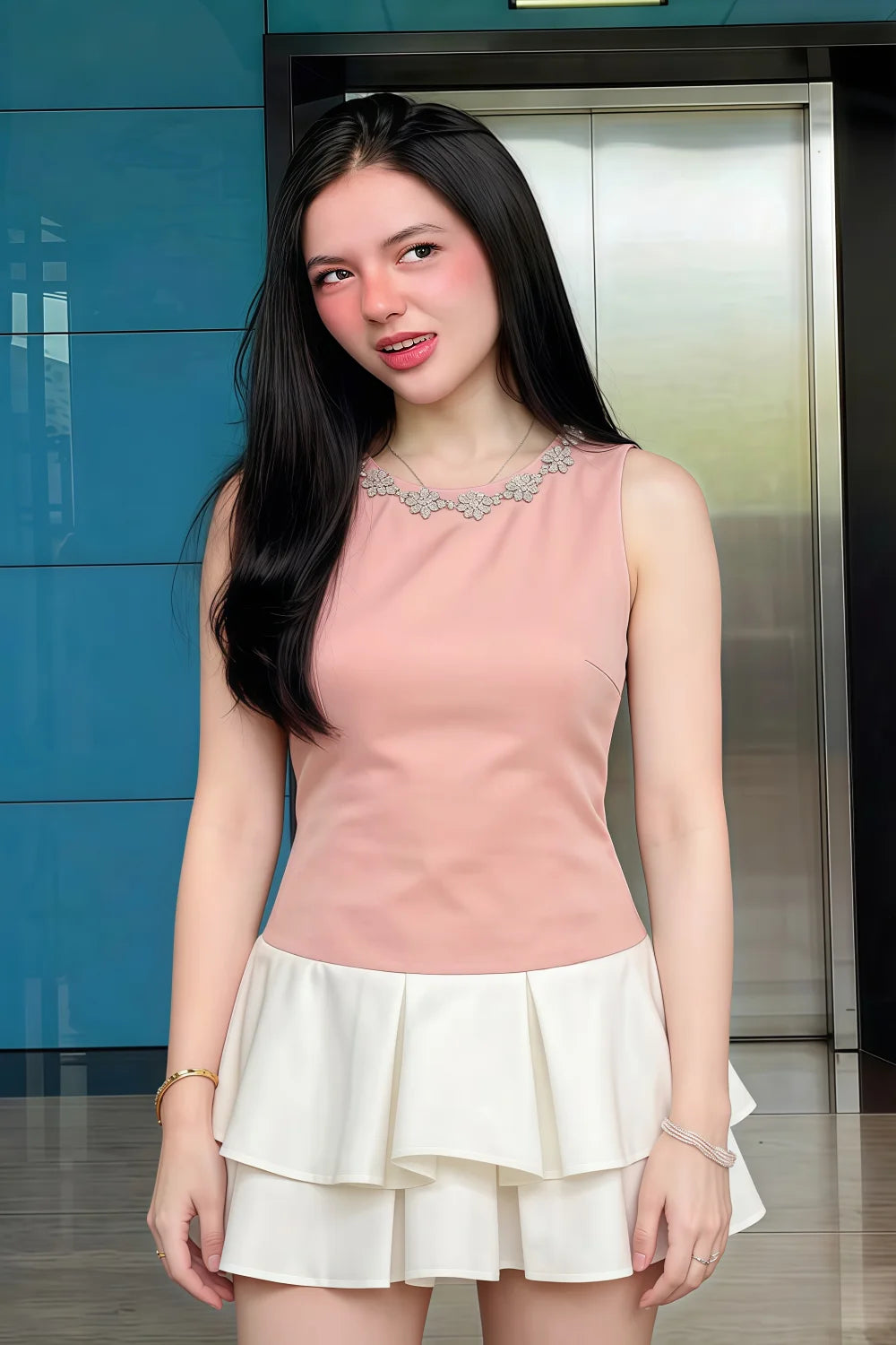Camille Pink and White Sleeveless Rhinestone Mini Dress with Ruffles