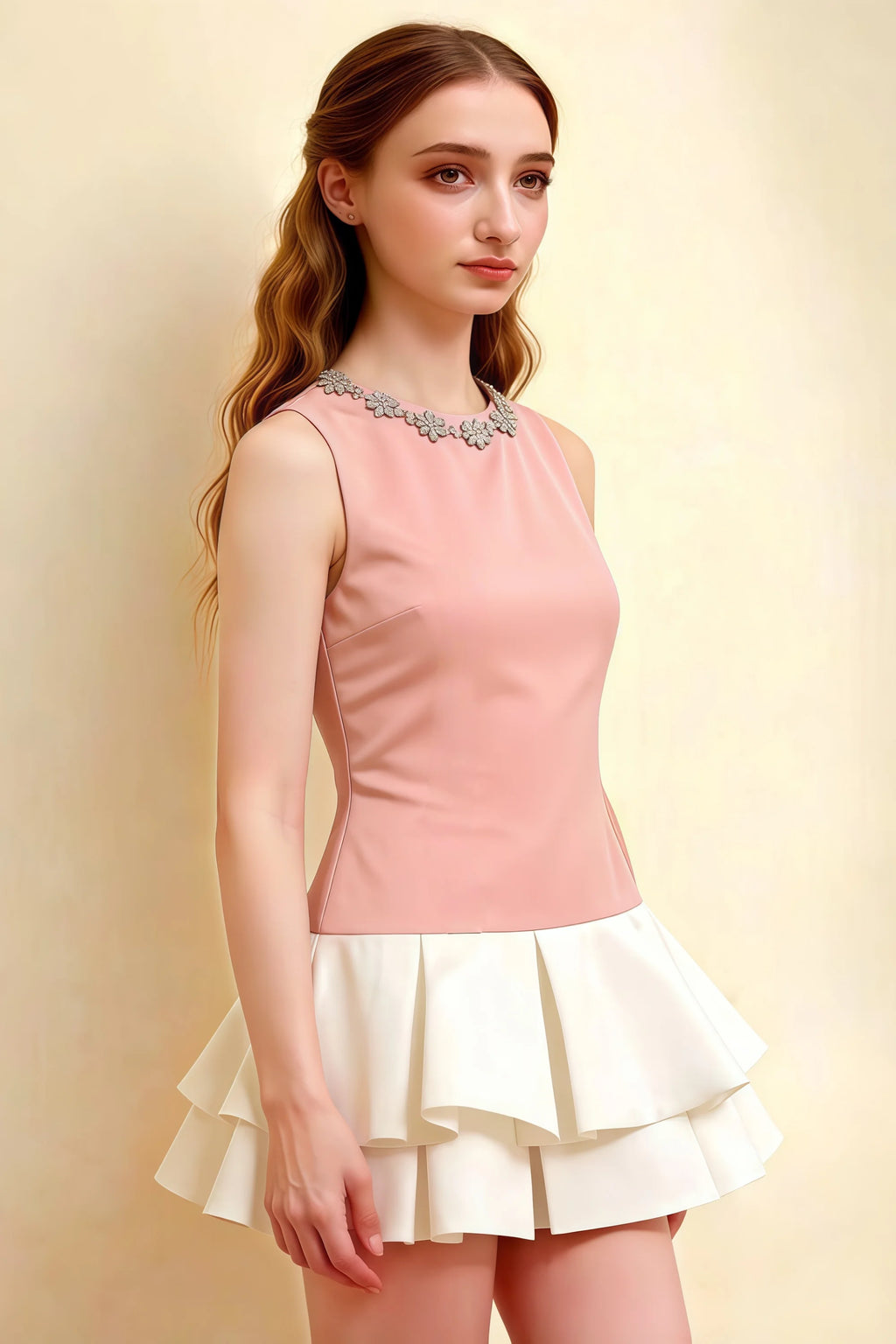 Camille Pink and White Sleeveless Rhinestone Mini Dress with Ruffles