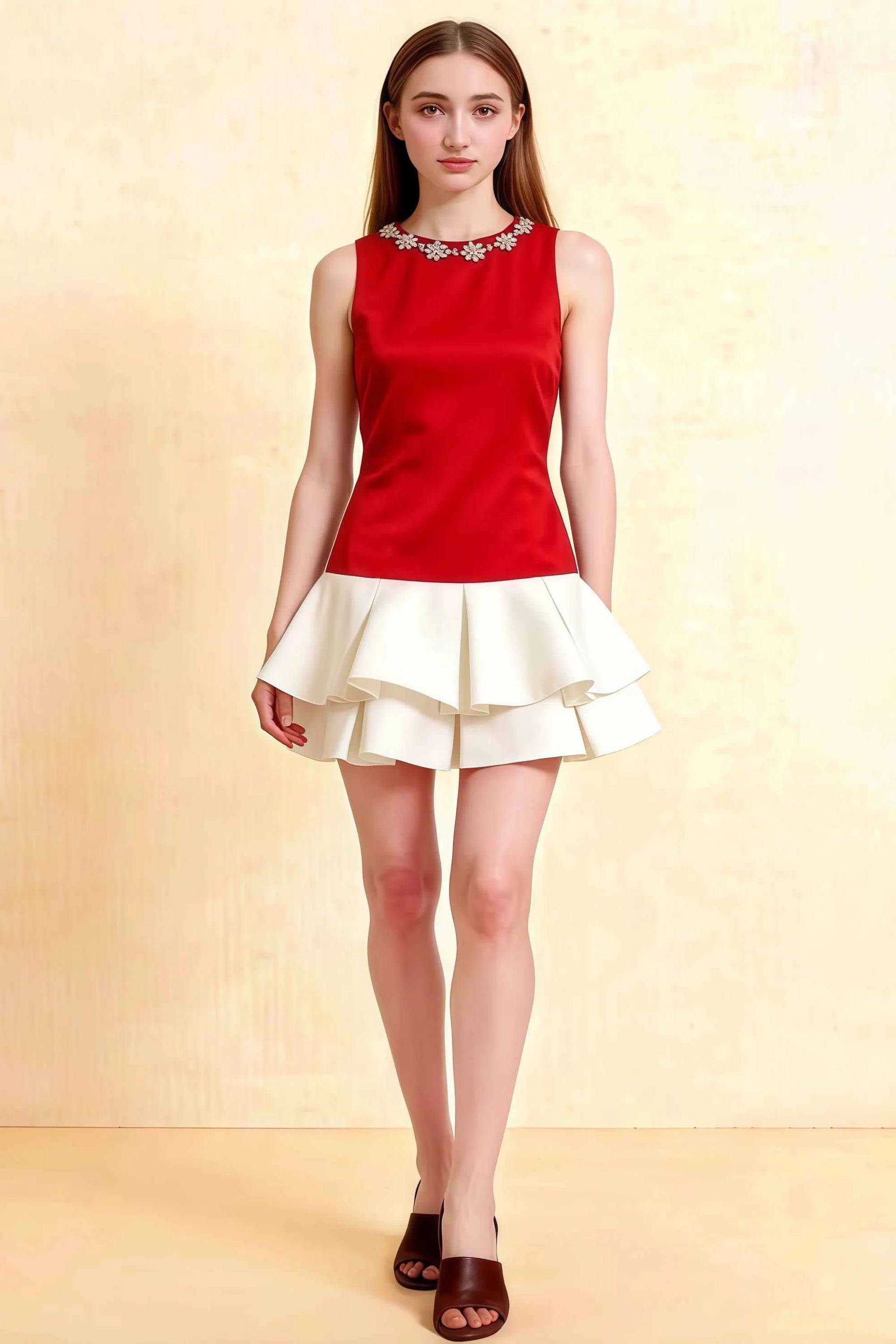 Camille Red and White Sleeveless Rhinestone Mini Dress with Ruffles