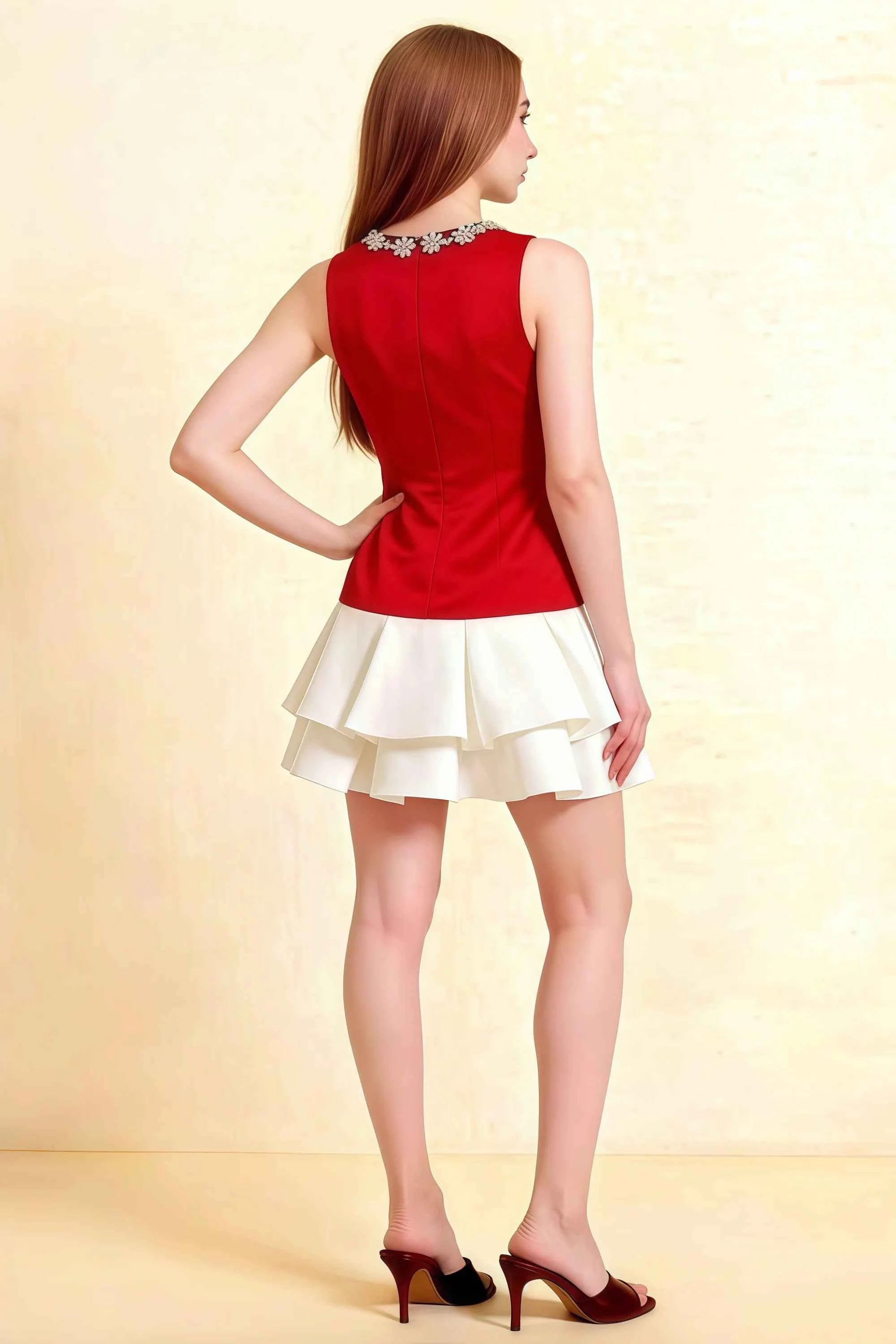 Camille Red and White Sleeveless Rhinestone Mini Dress with Ruffles Imagen secundaria del producto