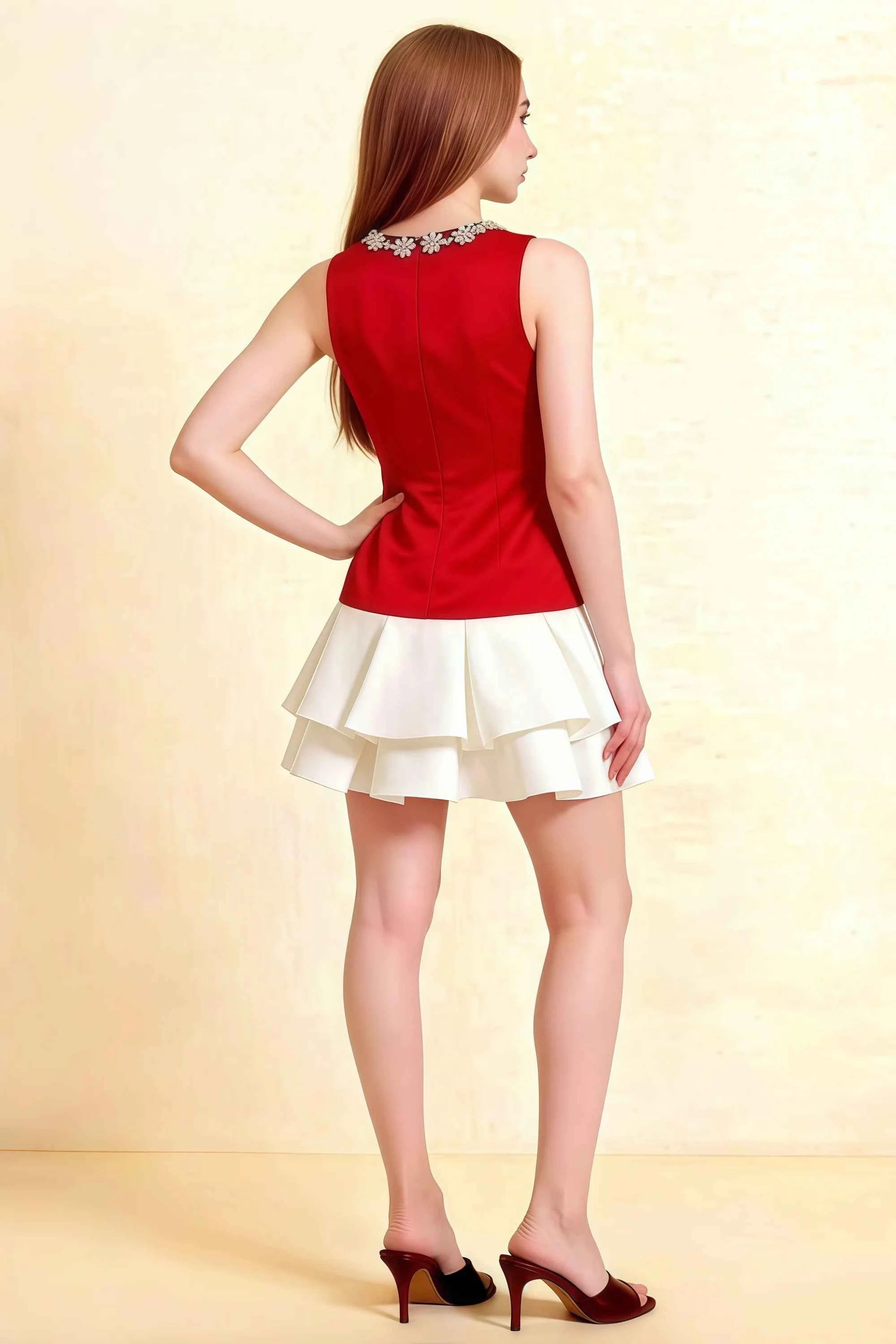 Camille Red and White Sleeveless Rhinestone Mini Dress with Ruffles