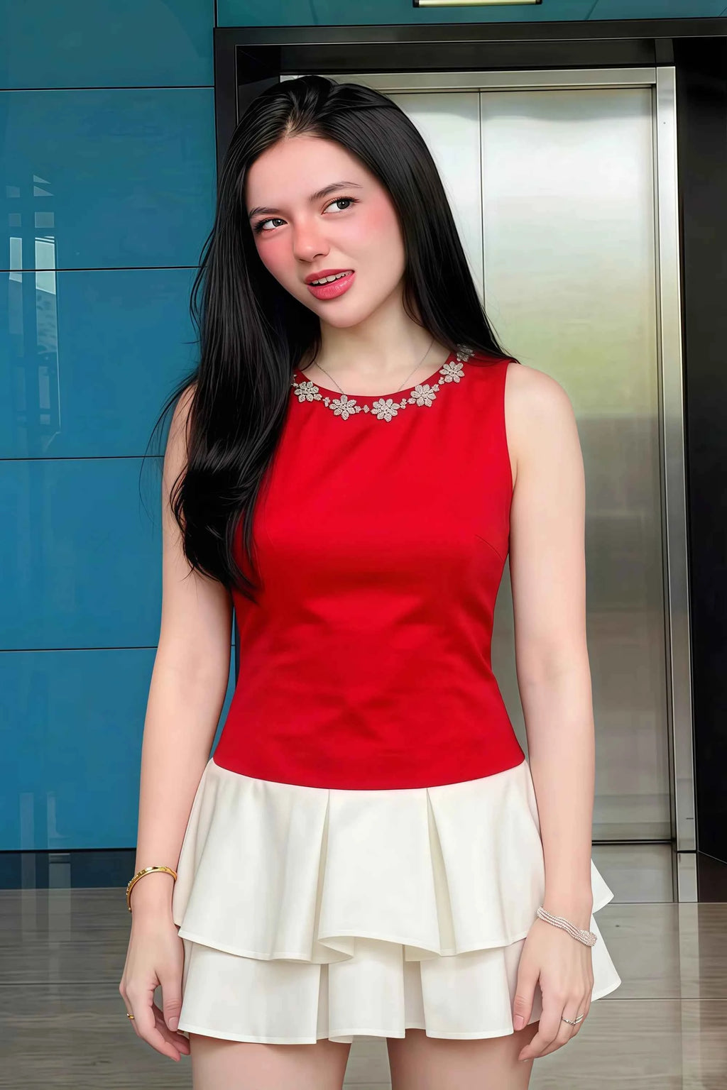 Camille Red and White Sleeveless Rhinestone Mini Dress with Ruffles