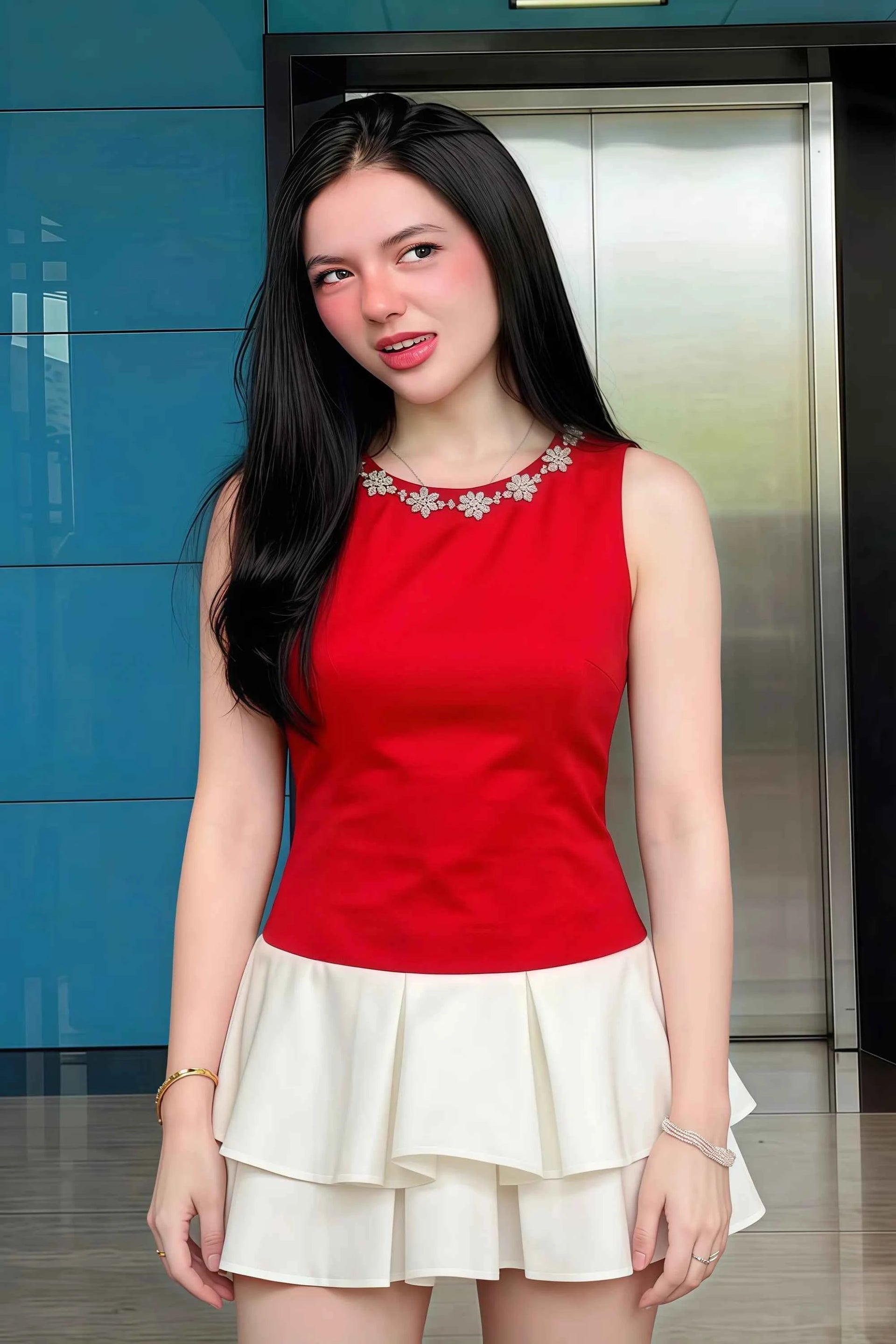 Camille Red and White Sleeveless Rhinestone Mini Dress with Ruffles