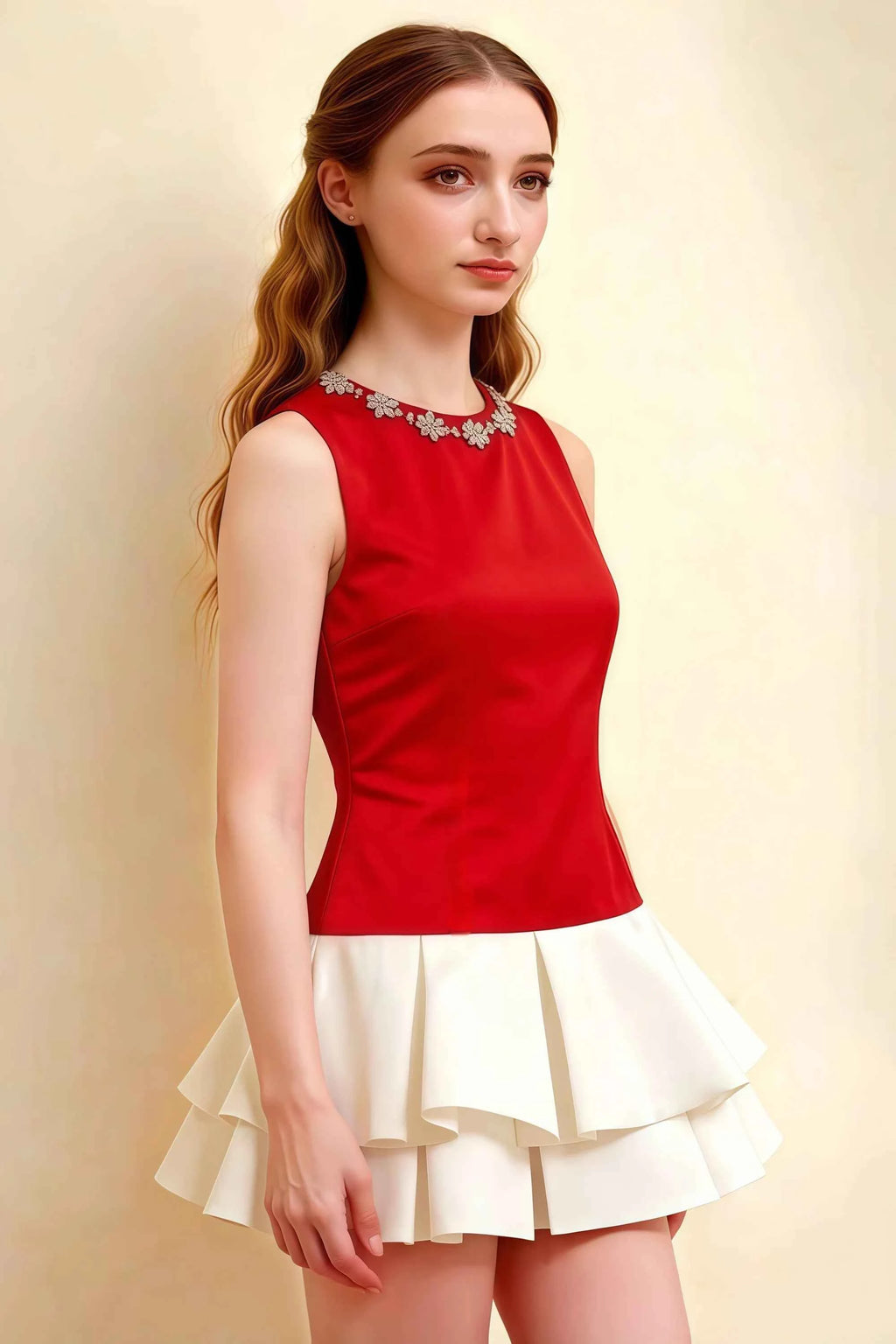 Camille Red and White Sleeveless Rhinestone Mini Dress with Ruffles