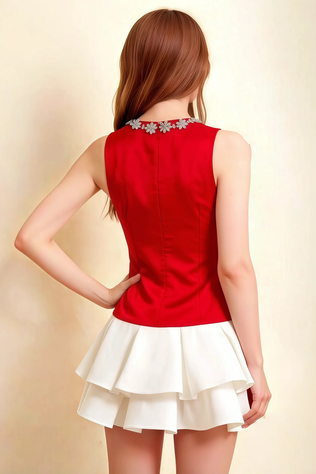 Camille Red and White Sleeveless Rhinestone Mini Dress with Ruffles