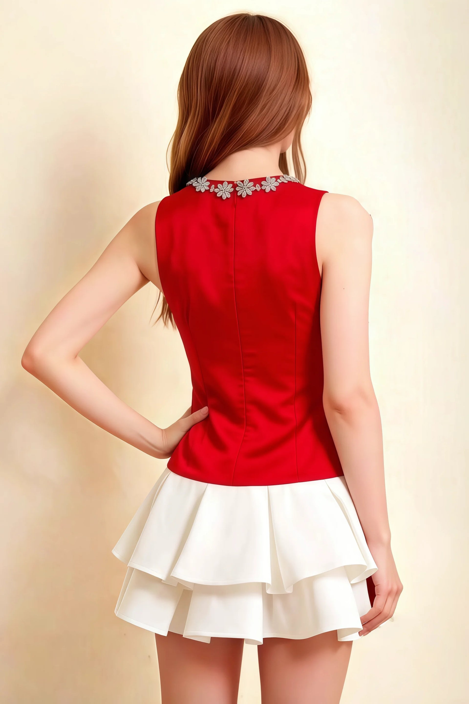 Camille Red and White Sleeveless Rhinestone Mini Dress with Ruffles