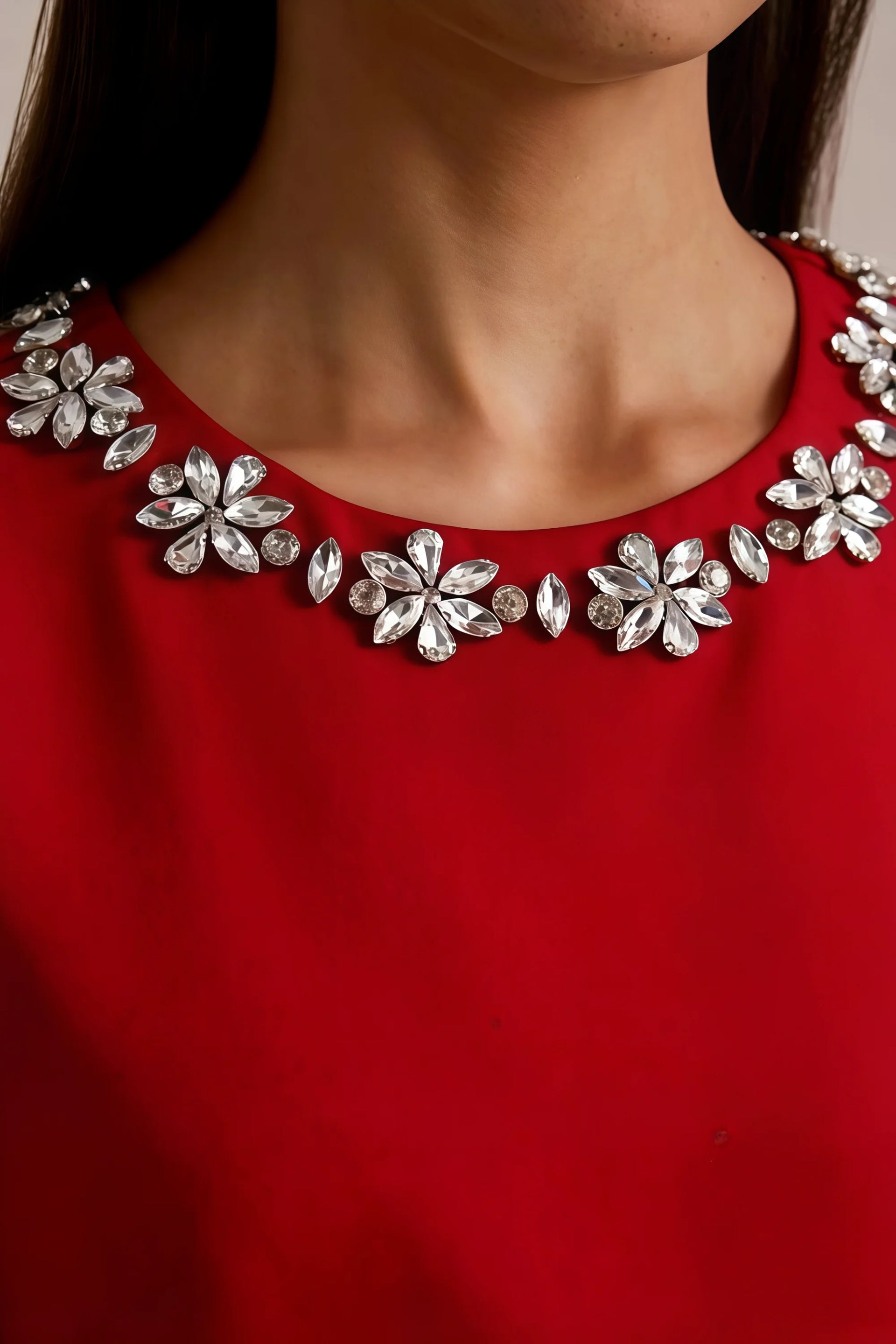 Camille Red and White Sleeveless Rhinestone Mini Dress with Ruffles