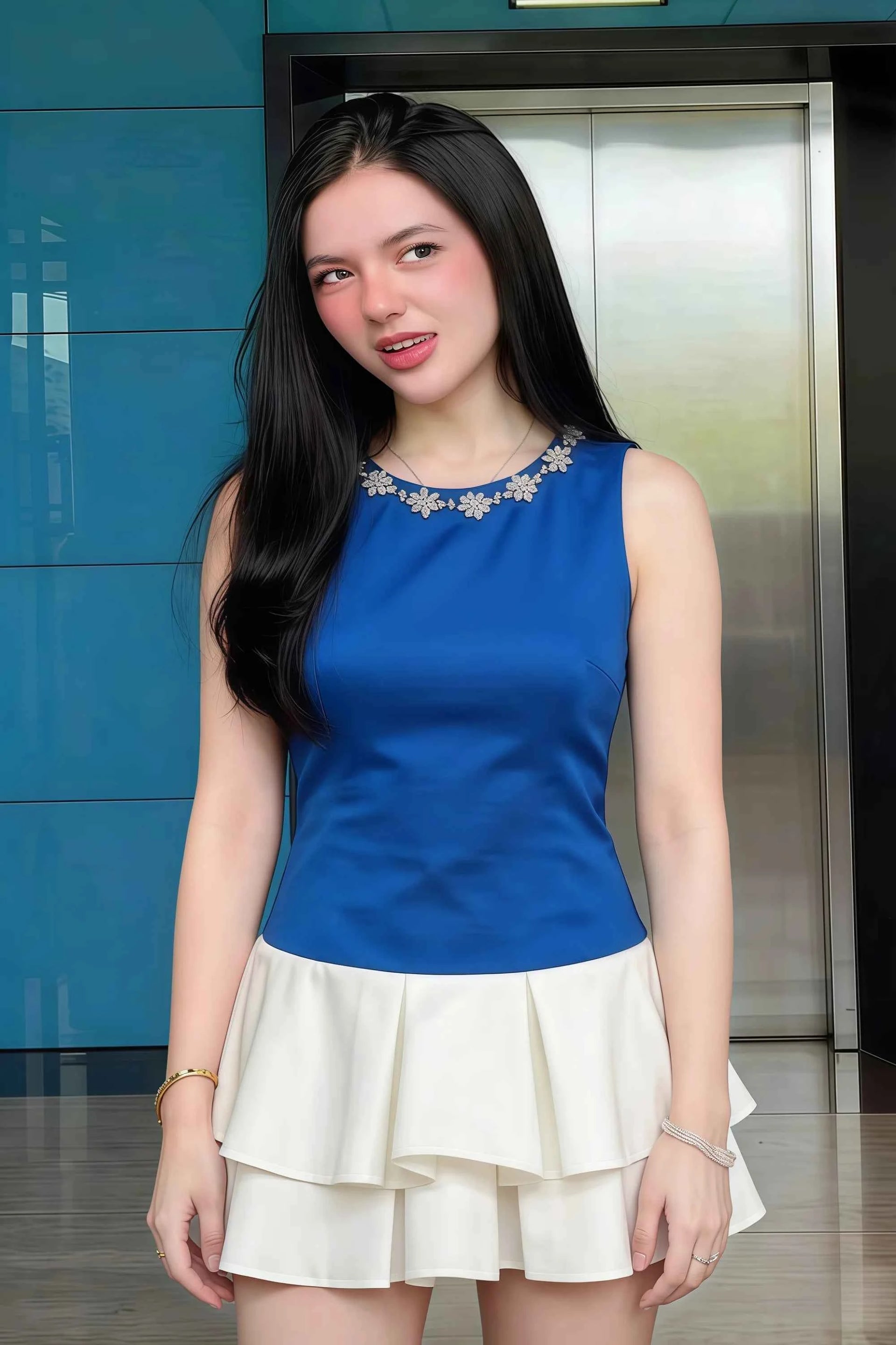 Camille Royal Blue and White Sleeveless Rhinestone Mini Dress with Ruffles