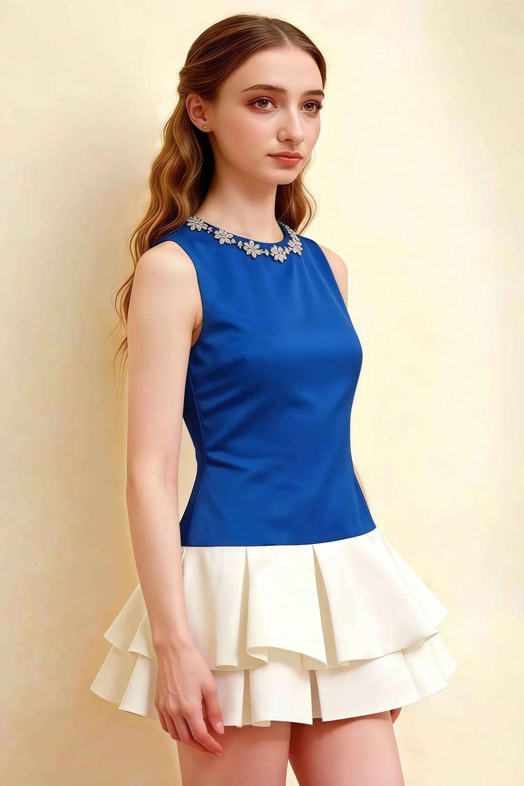 Camille Royal Blue and White Sleeveless Rhinestone Mini Dress with Ruffles