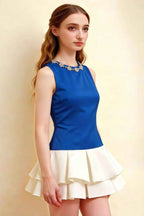 Camille Royal Blue and White Sleeveless Rhinestone Mini Dress with Ruffles