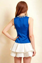 Camille Royal Blue and White Sleeveless Rhinestone Mini Dress with Ruffles