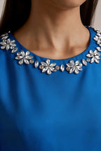Camille Royal Blue and White Sleeveless Rhinestone Mini Dress with Ruffles