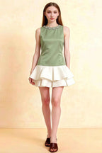 Camille Sage and White Sleeveless Rhinestone Mini Dress with Ruffles