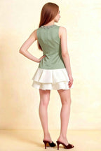 Camille Sage and White Sleeveless Rhinestone Mini Dress with Ruffles
