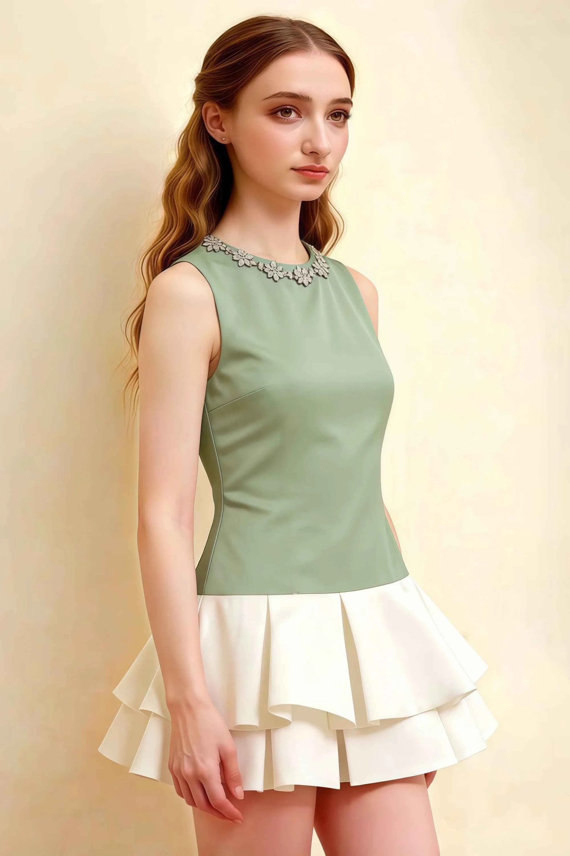 Camille Sage and White Sleeveless Rhinestone Mini Dress with Ruffles