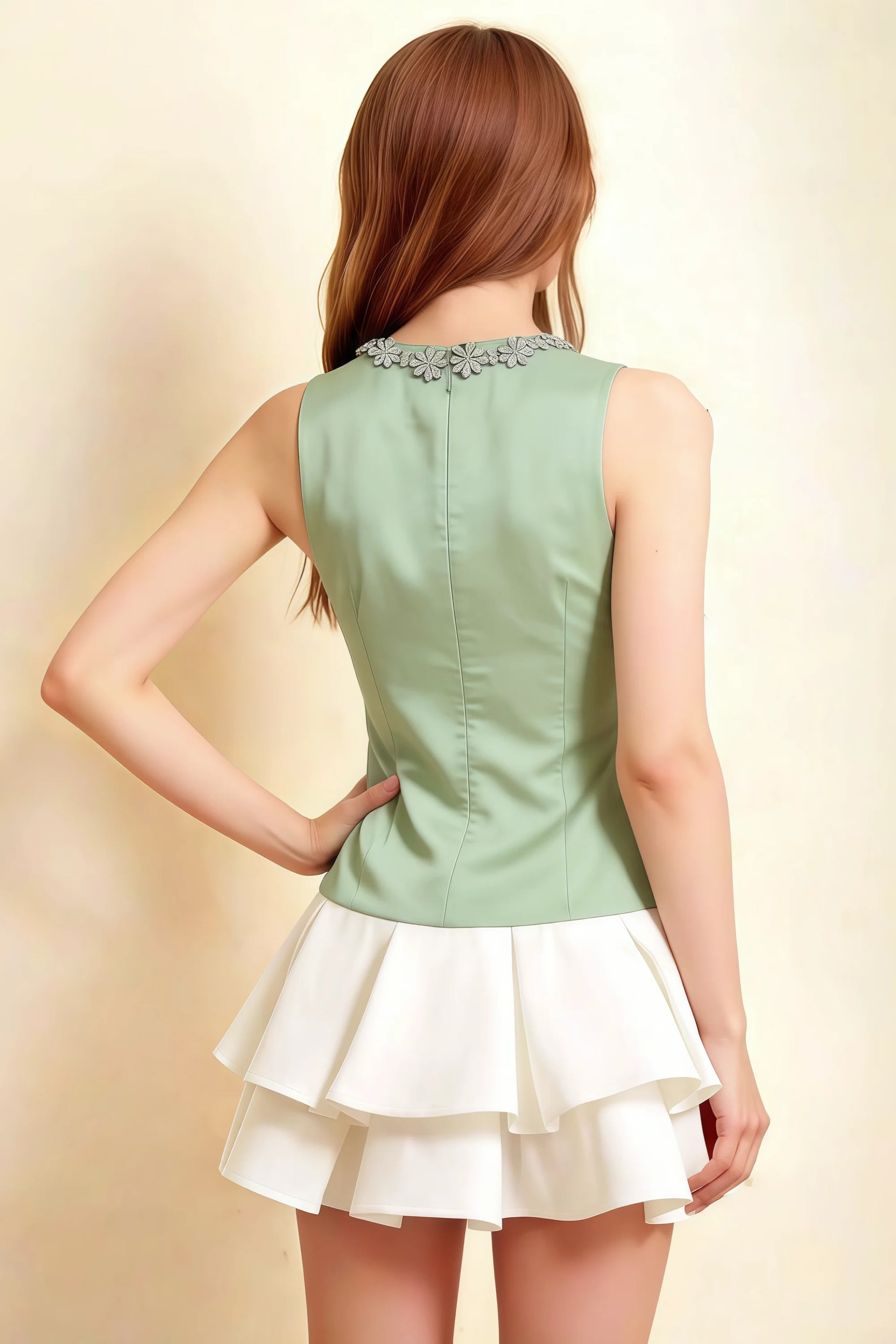 Camille Sage and White Sleeveless Rhinestone Mini Dress with Ruffles