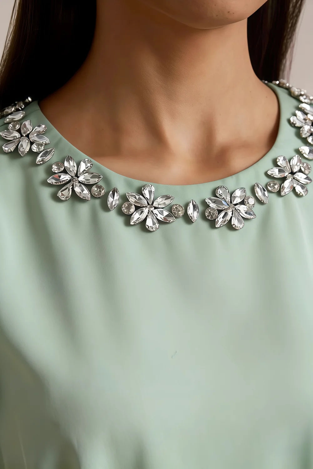 Camille Sage and White Sleeveless Rhinestone Mini Dress with Ruffles