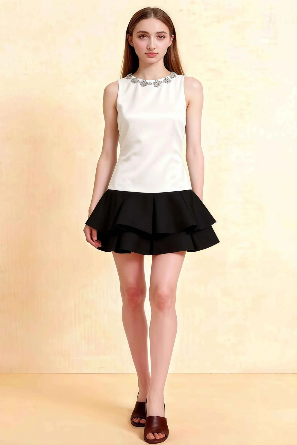 Camille White and Black Sleeveless Rhinestone Mini Dress with Ruffles