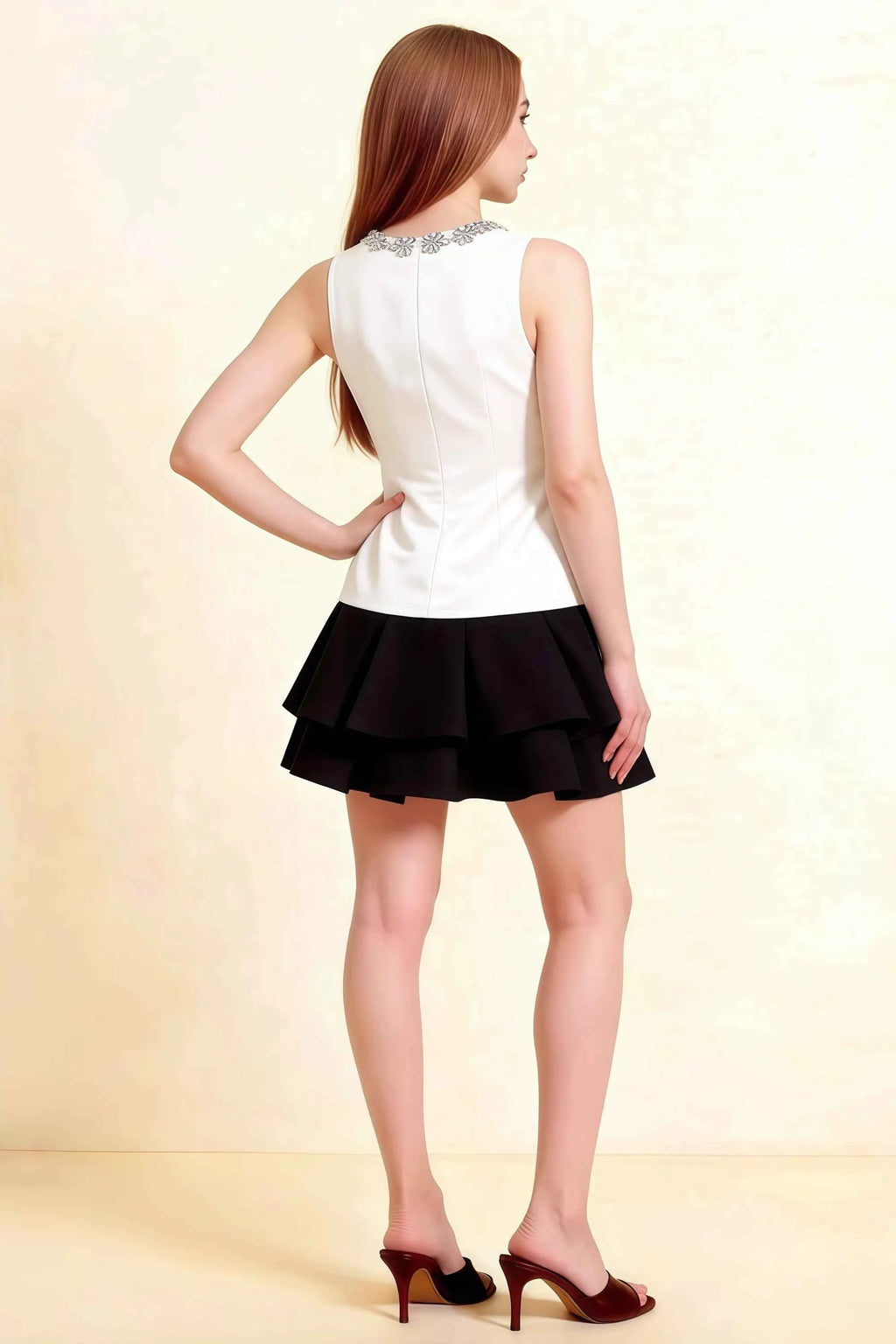 Camille White and Black Sleeveless Rhinestone Mini Dress with Ruffles