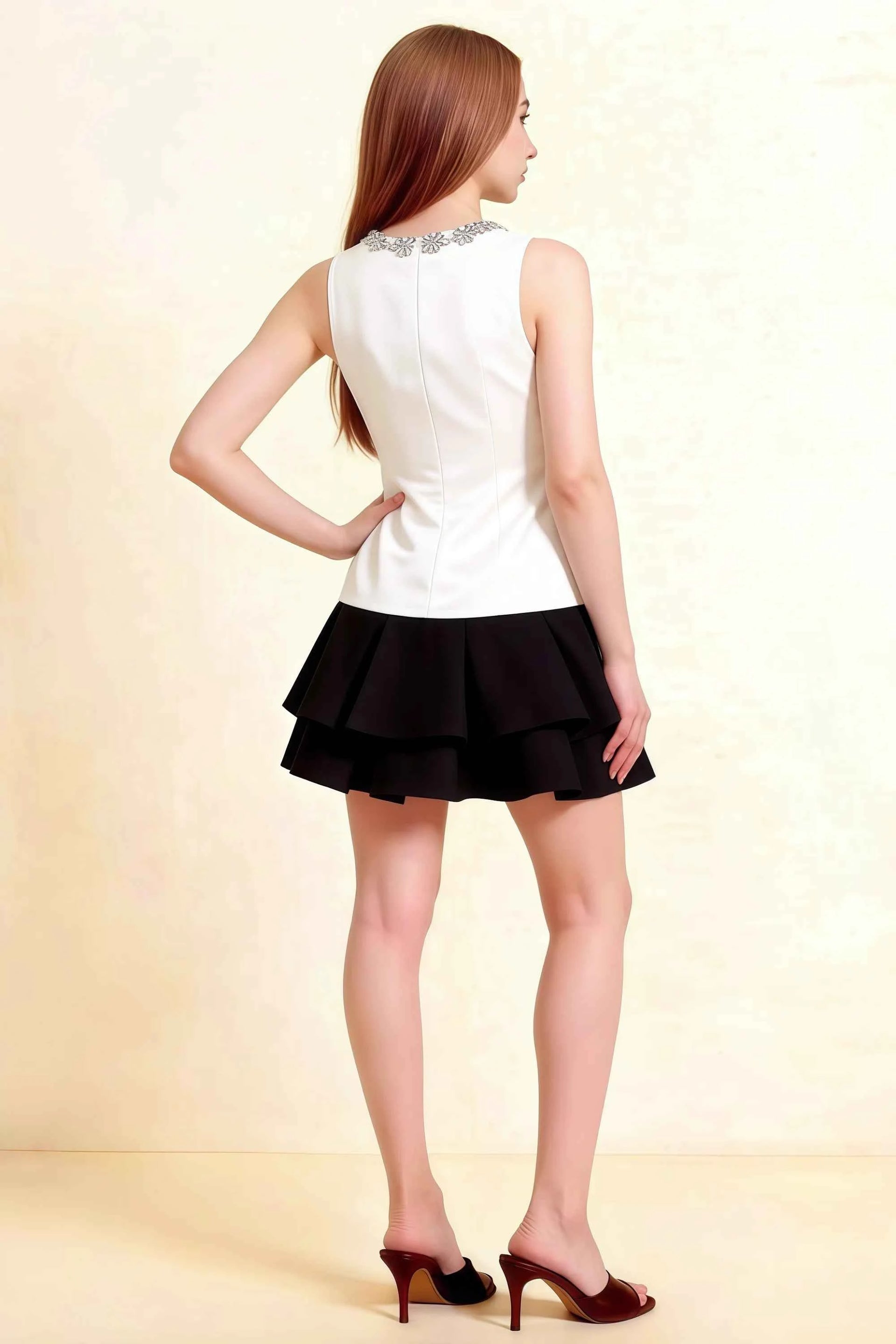 Camille White and Black Sleeveless Rhinestone Mini Dress with Ruffles