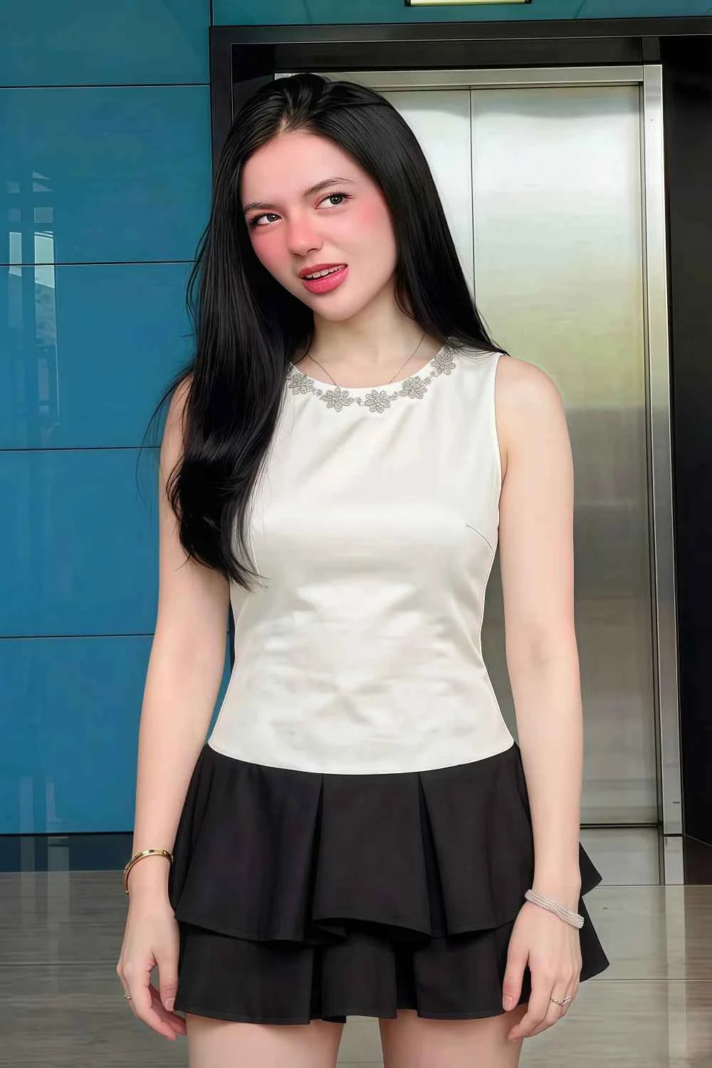 Camille White and Black Sleeveless Rhinestone Mini Dress with Ruffles