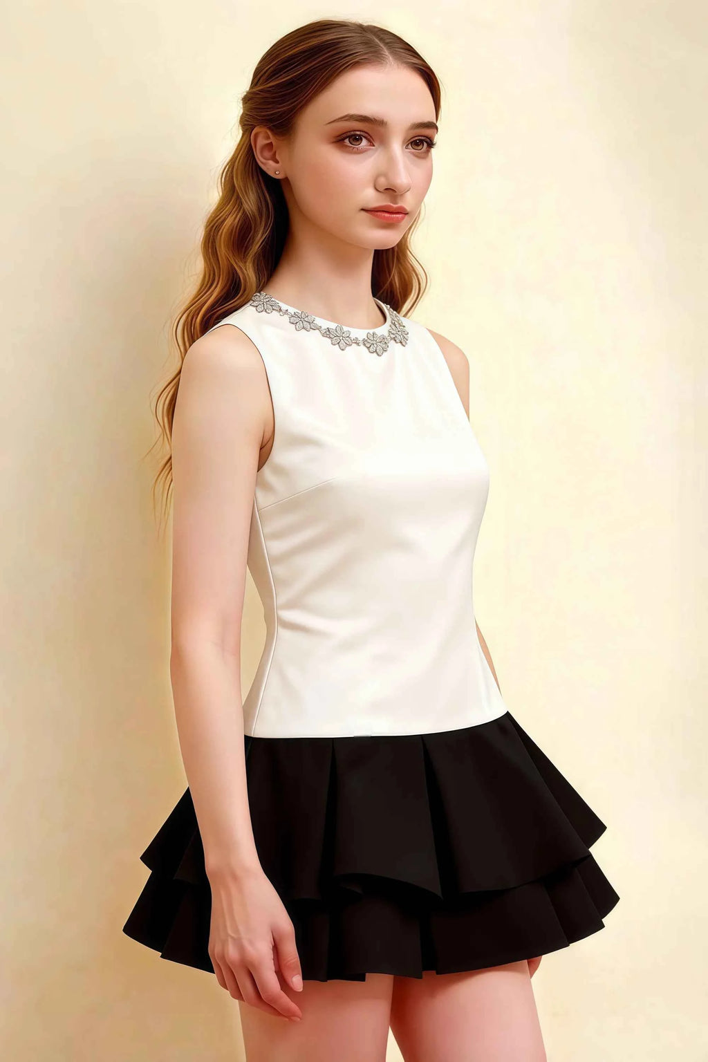 Camille White and Black Sleeveless Rhinestone Mini Dress with Ruffles