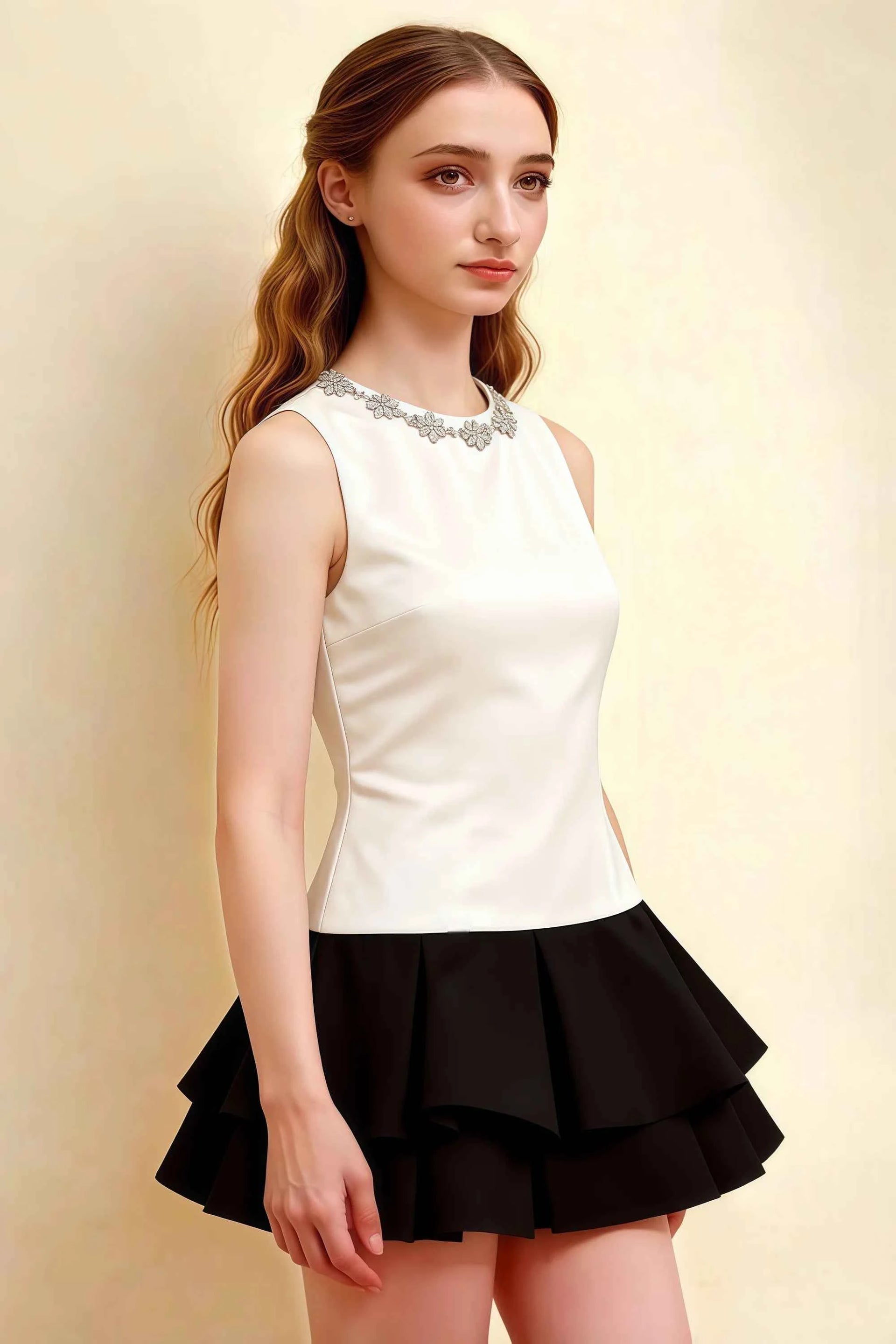 Camille White and Black Sleeveless Rhinestone Mini Dress with Ruffles