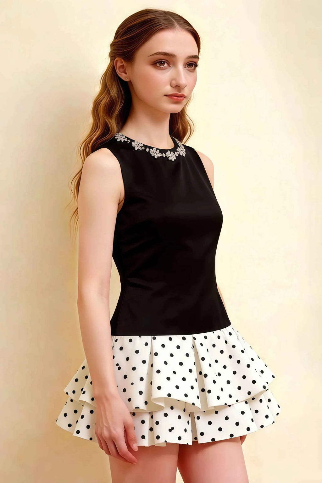 Camille White Polka Dot Sleeveless Rhinestone Mini Dress with Ruffles