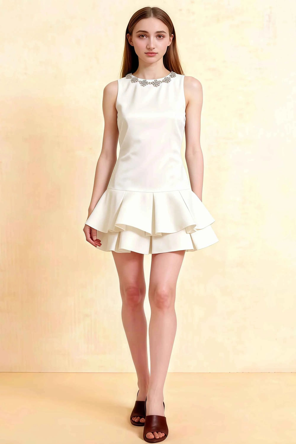 Translation missing: en.LVLVS Camille white sleeveless crepe dress with rhinestone neckline and tiered ruffles, perfect for cocktail parties and semi-formal events, elegant fit and flare silhouette content.product_image_main