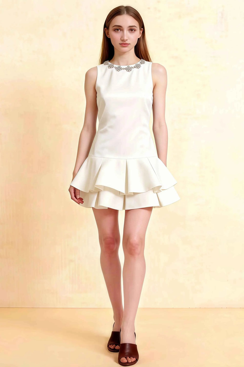 Camille White Sleeveless Rhinestone Mini Dress with Ruffles