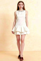 Camille White Sleeveless Rhinestone Mini Dress with Ruffles