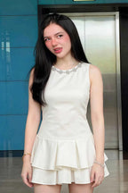 Camille White Sleeveless Rhinestone Mini Dress with Ruffles