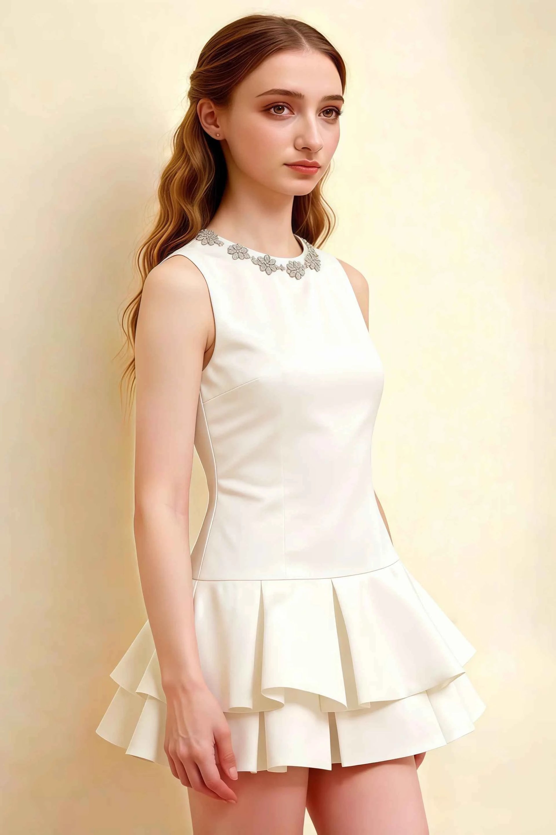 Camille White Sleeveless Rhinestone Mini Dress with Ruffles