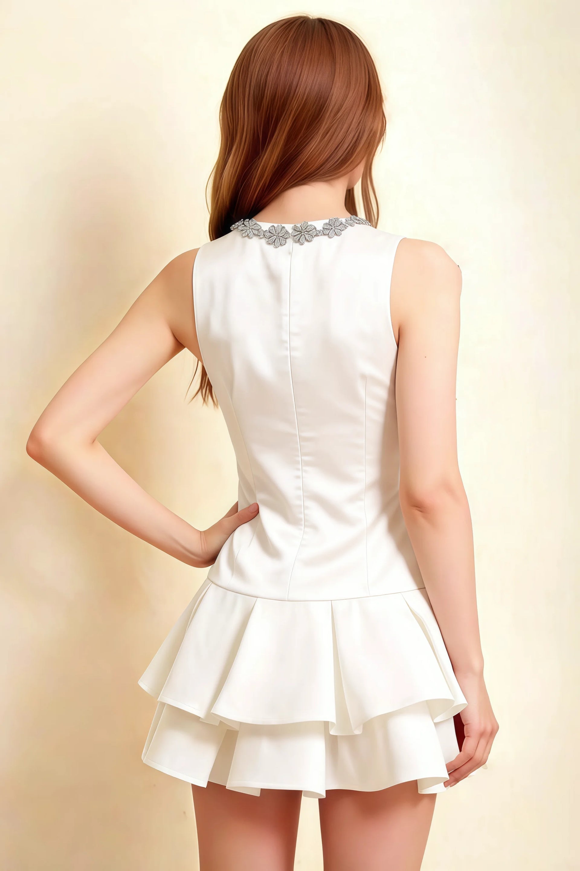 Camille White Sleeveless Rhinestone Mini Dress with Ruffles