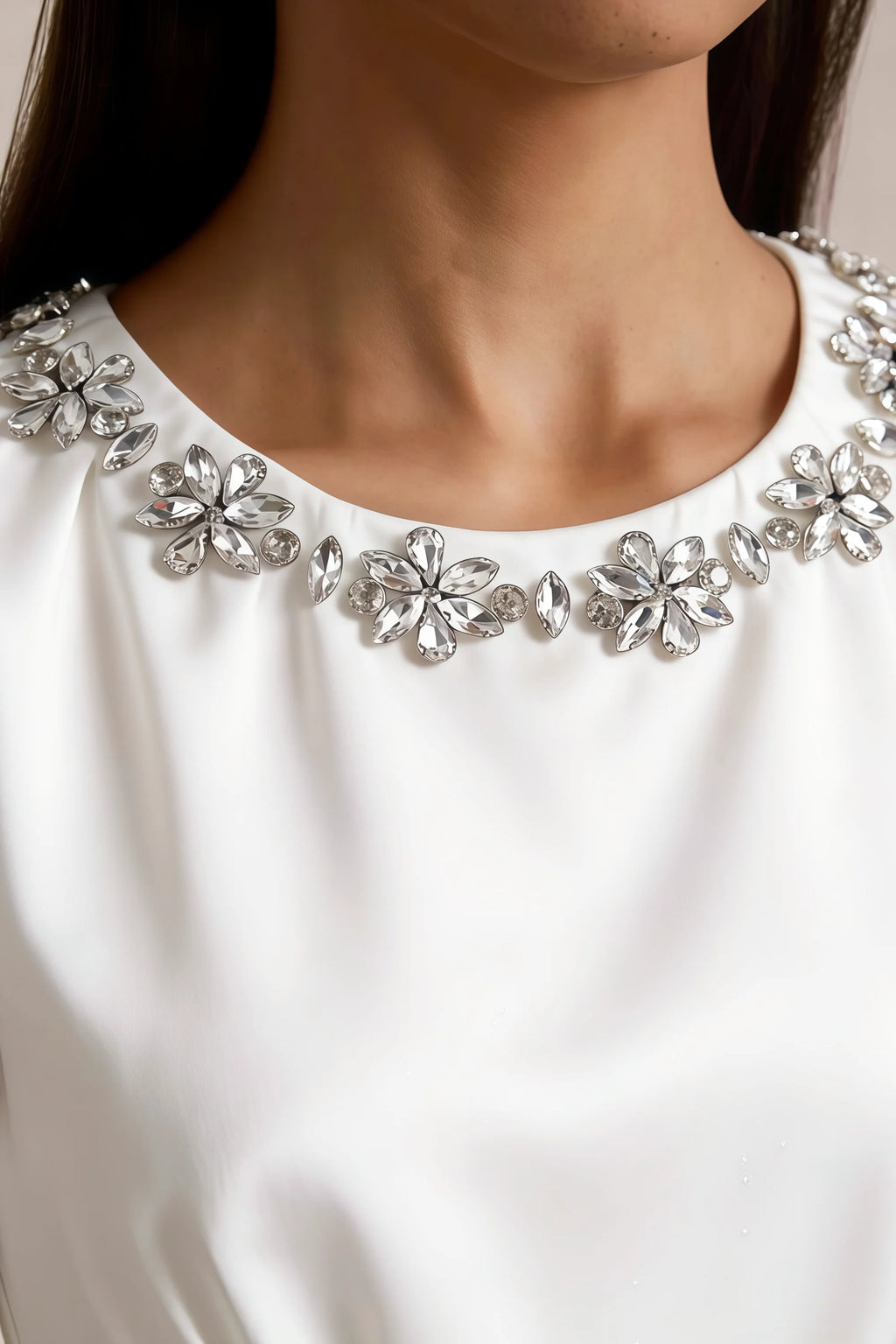 Camille White Sleeveless Rhinestone Mini Dress with Ruffles