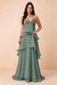 Front studio view of Candace eucalyptus halter maxi dress with a sweetheart bodice and layered ruffles