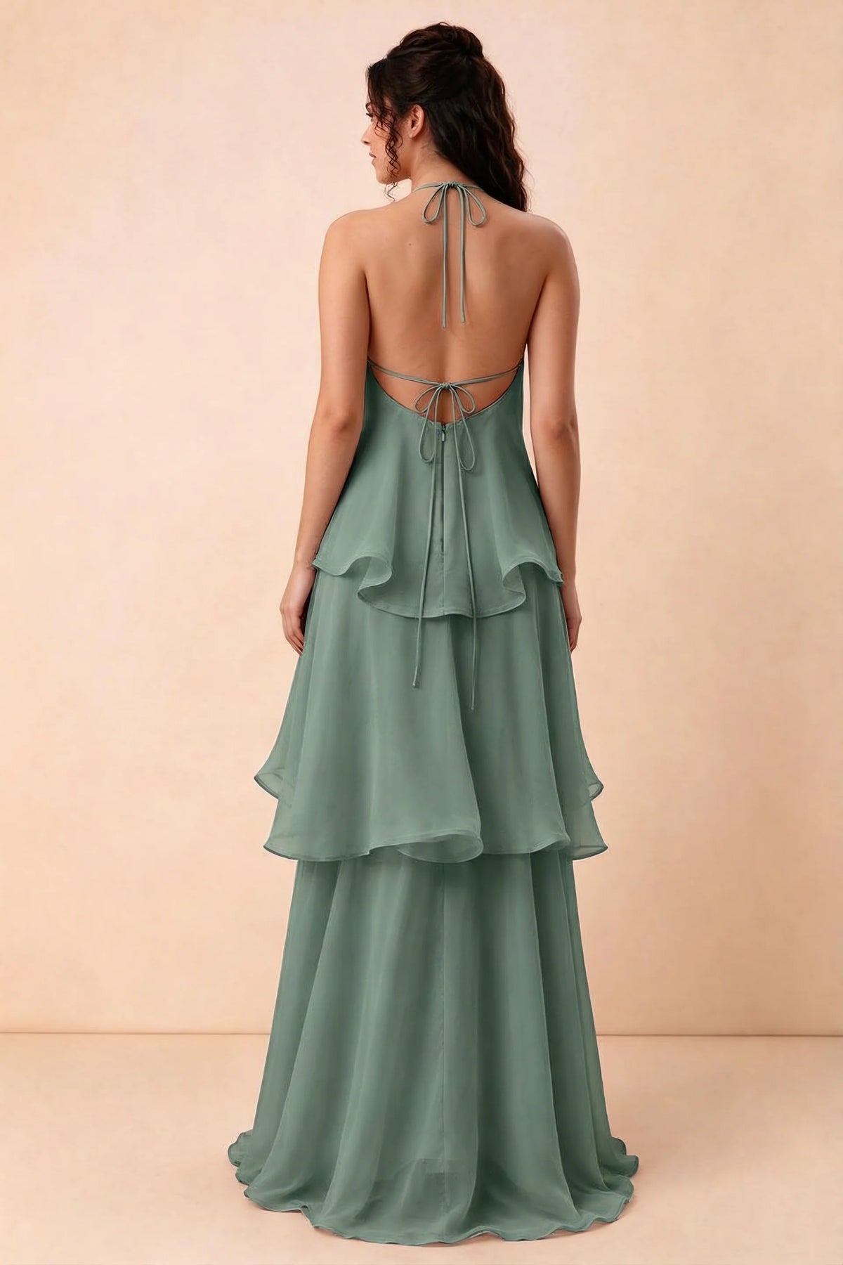 Rear studio view of Candace eucalyptus dress showing the low open back and long layered skirt