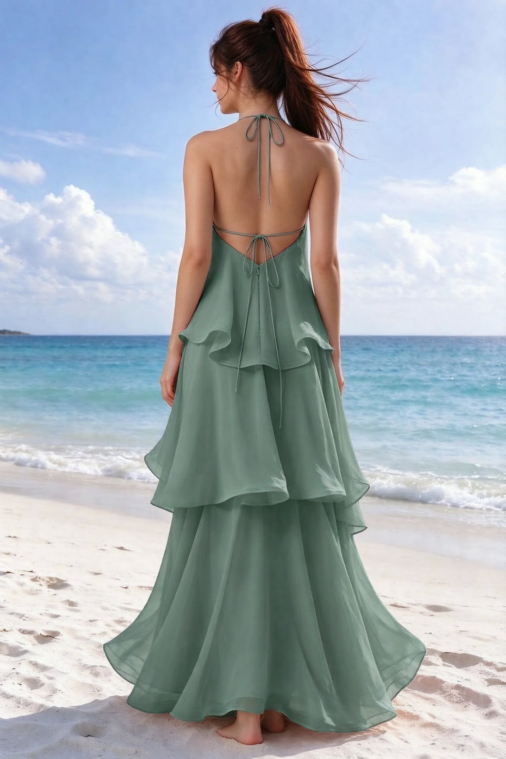 Beachside rear view of Candace eucalyptus dress showing the open back and overlapping ruffle layers