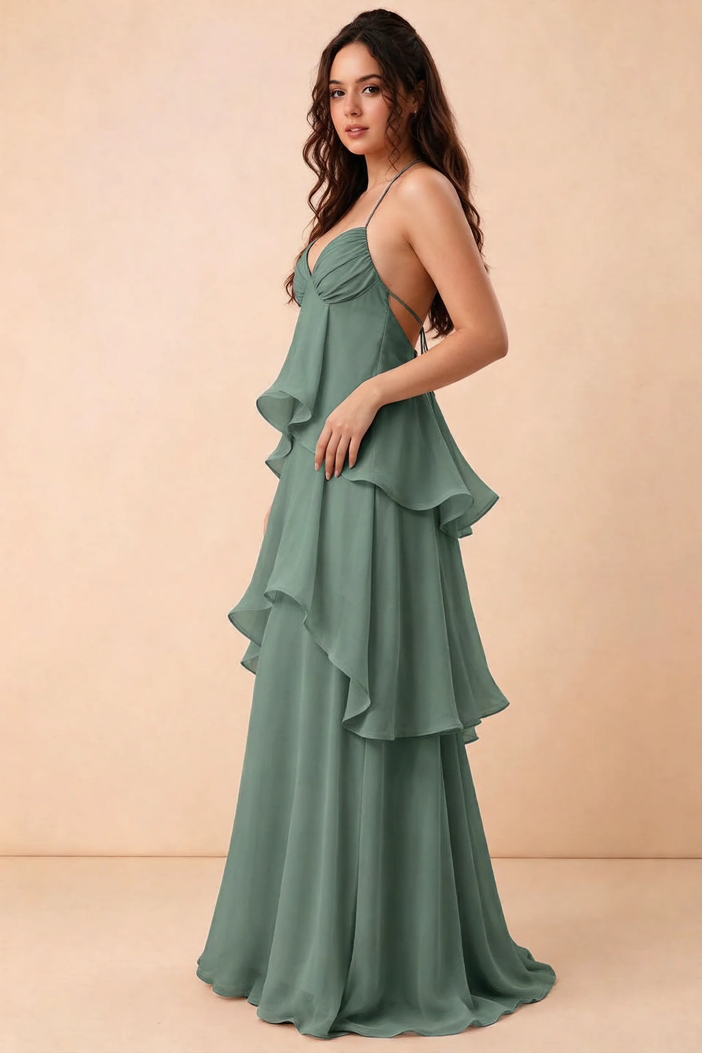 Three-quarter studio view of Candace eucalyptus dress showing the halter neckline and tiered silhouette