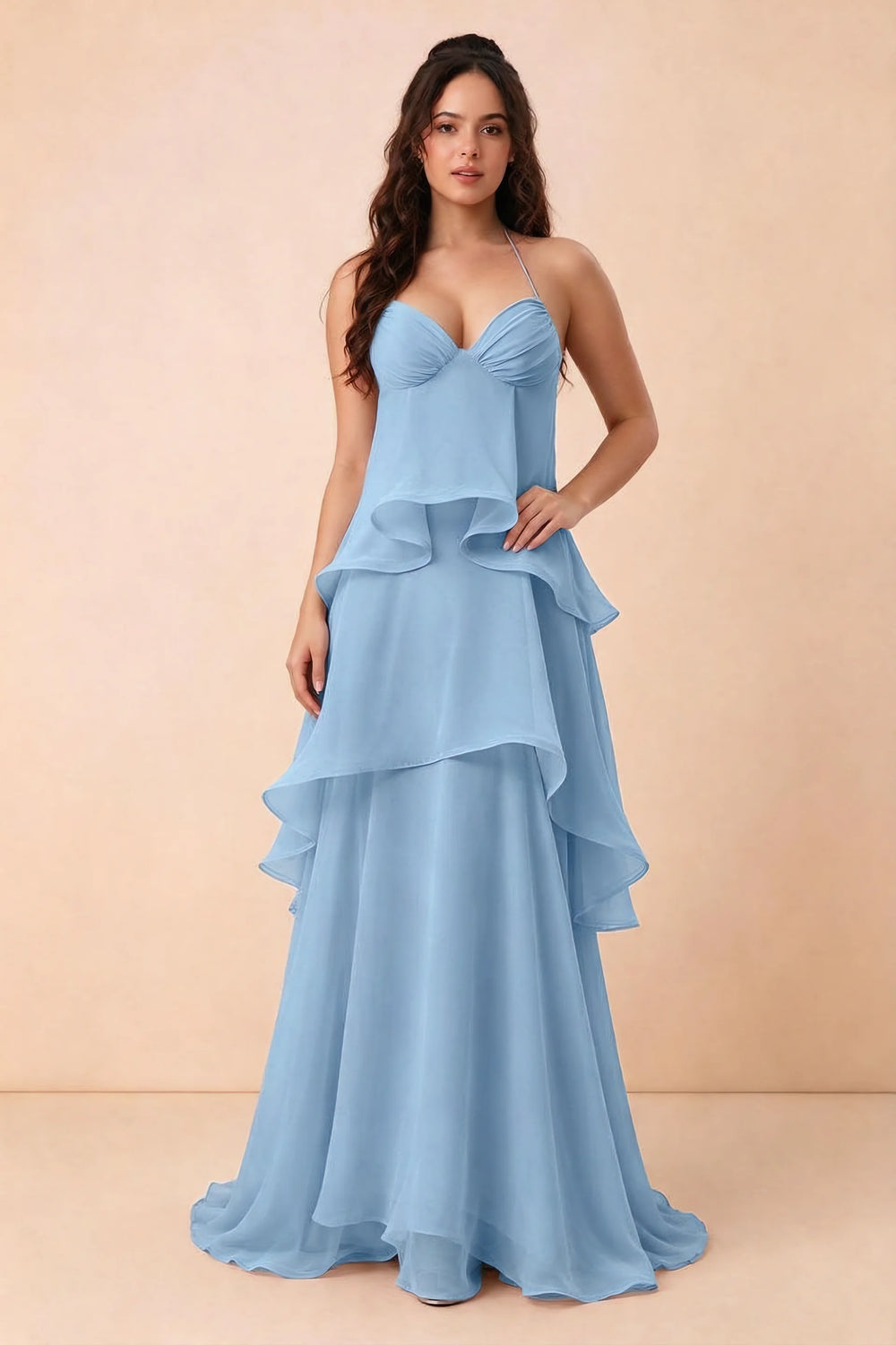Translation missing: en.Front studio view of Candace steel blue halter maxi dress with a sweetheart bodice and layered ruffles content.product_image_main
